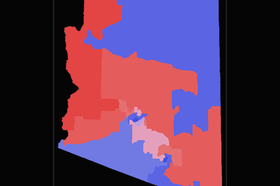 Arizonas+2022+Congressional+Predictor%3A+The+darker+the+blue+the+more+likely+votes+will+be+for+Democrats%3B+The+Darker+the+red%2C+the+more+likely+votes+will+be+for+Republicans.+The+closer+to+white%2C+the+closer+to+a+toss-up+the+district+is.